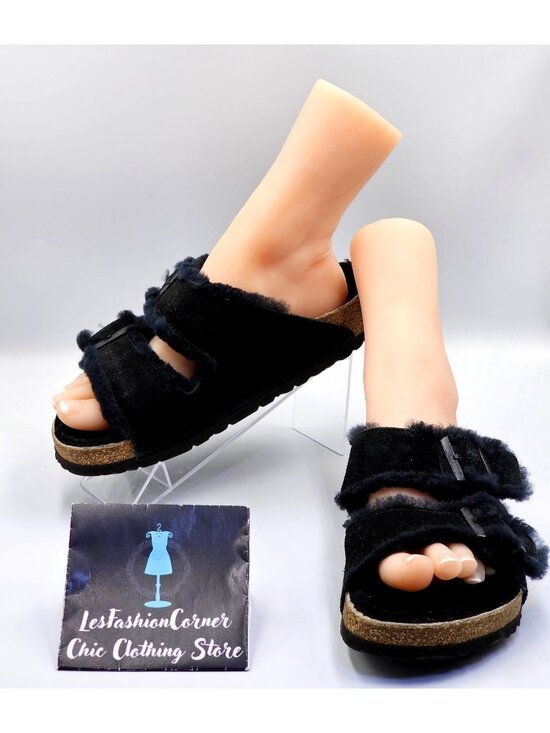 Birkenstock Shoes - Birkenstock Women's Black Suede Leather Shearling Arizona Sandals Size 8 2706